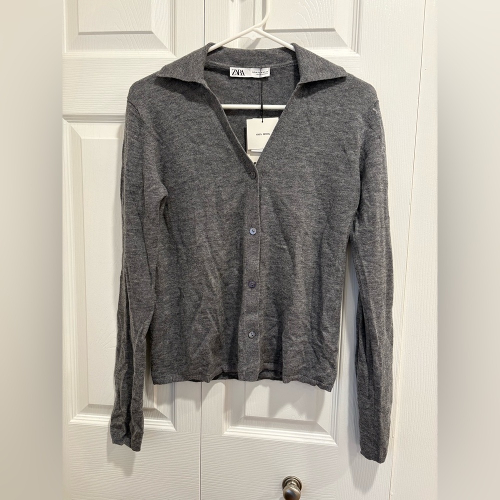 Zara Light Gray Wool Button-Front Cardigan